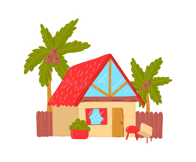  Casa De Playa Tropical Activa Vacaciones De Verano Cálidas Cabaña Costera Diseño De Dibujos Animados Estilo Vectorial Aislado En Ilustración del Vector