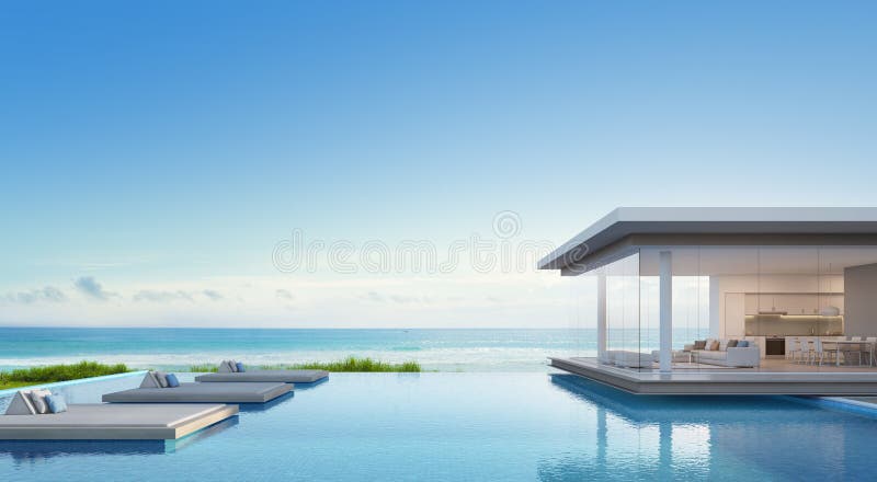 Casa de praia luxuosa com piscina da opinião do mar no projeto moderno, casa de férias para a família grande