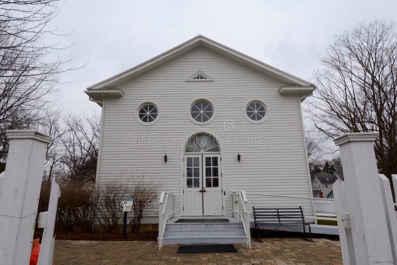 This is a winter picture of Evangelical Meeting House today located at Naper Settlement in Naperville, Illinois. The church was built by German immigrants in 1841. The church was replaced and then sold to a Lutheran congregation in 1858. The two doors serves as separate entrances for men and women. This picture was taken on January 22, 2015. This is a winter picture of Evangelical Meeting House today located at Naper Settlement in Naperville, Illinois. The church was built by German immigrants in 1841. The church was replaced and then sold to a Lutheran congregation in 1858. The two doors serves as separate entrances for men and women. This picture was taken on January 22, 2015.