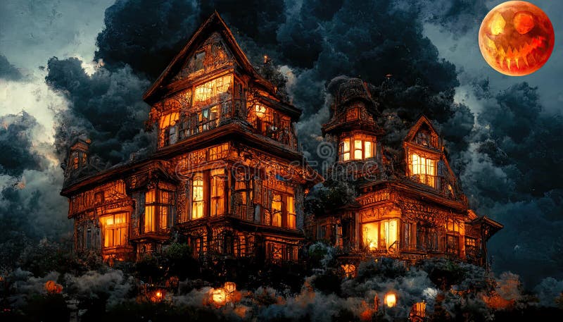 Casa De Terror De Halloween En La Noche Stock de ilustración - Ilustración  de vacaciones, colonial: 264452732