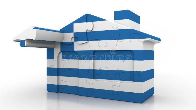 Casa del rompecabezas del edificio que ofrece la bandera de Grecia Emigración, construcción o mercado inmobiliario griega 3D conc libre illustration Casa del rompecabezas del edificio que ofrece la bandera de Grecia Emigración, construcción o mercado inmobiliario griega 3D conc libre illustration