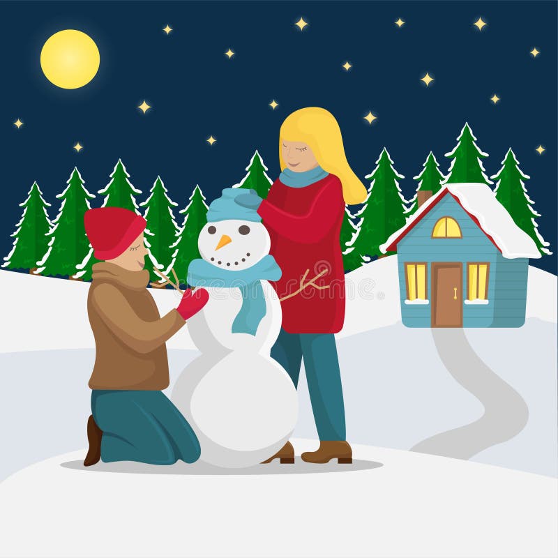 Casa di campagna di Natale La famiglia fa un pupazzo di neve prima del Natale royalty illustrazione gratis Casa di campagna di Natale La famiglia fa un pupazzo di neve prima del Natale royalty illustrazione gratis