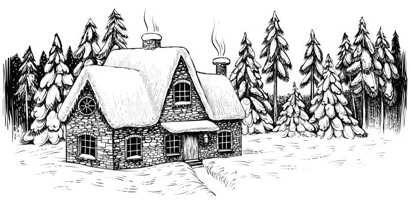 Casa di inverno circondata dagli abeti e dai pini, coperti di neve Paesaggio idilliaco di Natale