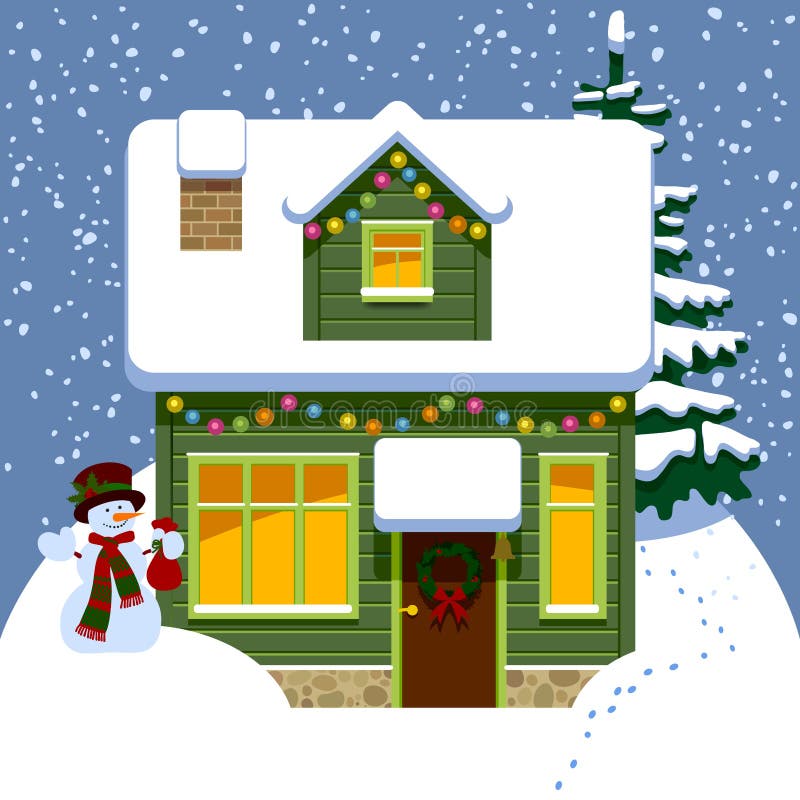 Casa di legno verde di natale nell'inverno coperto da neve illustrazione vettoriale Casa di legno verde di natale nell'inverno coperto da neve illustrazione vettoriale