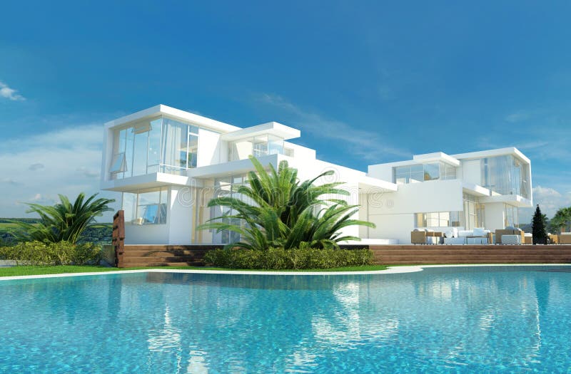 Casa di lusso con un giardino e uno stagno tropicali royalty illustrazione gratis
