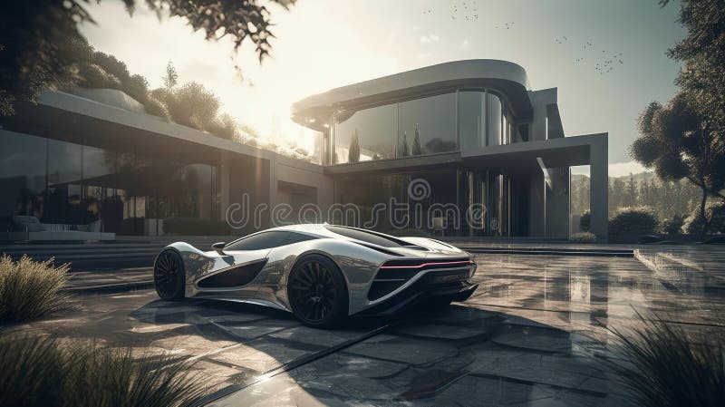 Casa di lusso e supercar combinata!. Sperimentate l'emozione di guidare sulla pista con questa casa di lusso e una supercar combinata elegante! catturate il momento con uno screenshot con immagini generative