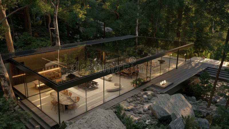 Nature-merged contemporary glass house, seamless space blend, private retreat haven. Private retreats. AI generated. Nature-merged contemporary glass house, seamless space blend, private retreat haven. Private retreats. AI generated