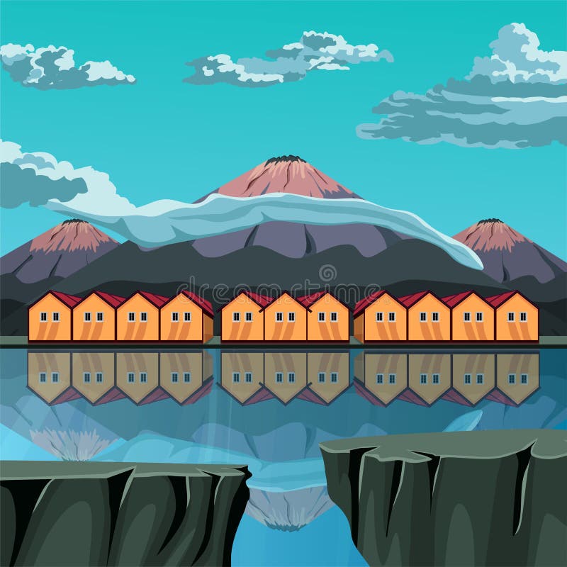 Fundo do jogo 2d, paisagem de uma pequena casa perto do lago