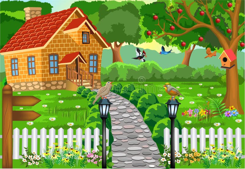 Casa do tijolo dos desenhos animados no meio da natureza, com trajeto, o pátio e a cerca de pedra