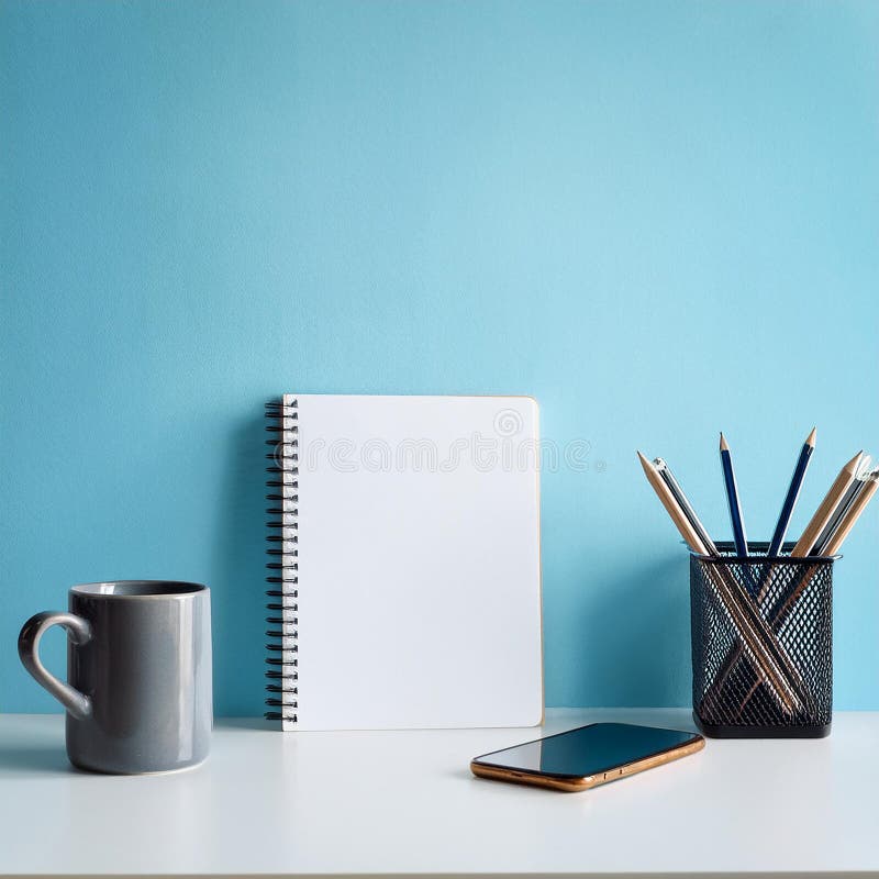 Casa e ufficio con taccuini per il caffè su un tavolo bianco sopra blu chiaro. Mockup con spazio di copia. Al Generated.
