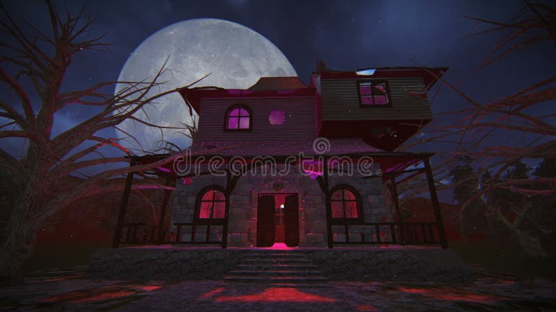 Casa encantada fantasmagórica en una cantidad de la noche de la Luna Llena