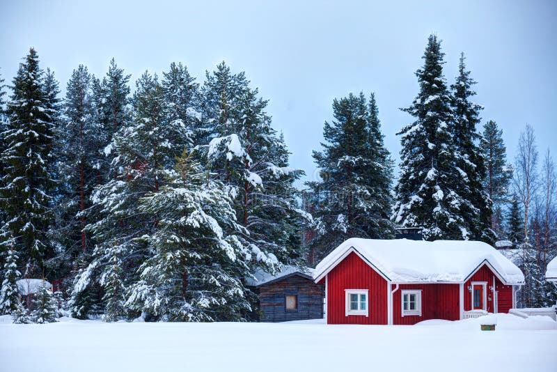 Red wooden Finnish house in winter forest covered with snow. Red wooden Finnish house in winter forest covered with snow.
