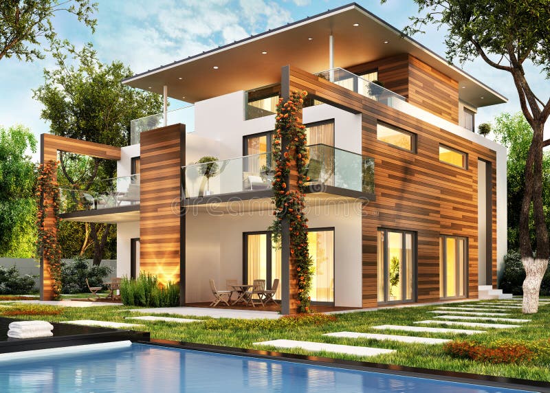 Casa grande moderna con la iluminación y la piscina imagen de archivo libre de regalías