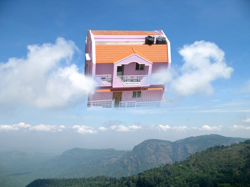 Dream house in dramatic cloudy mountain - areal view. Dream house in dramatic cloudy mountain - areal view