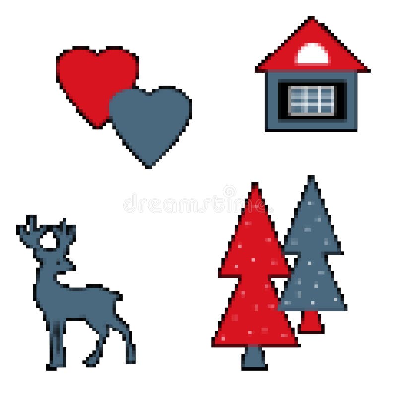 Casa isolada dos corações da véspera da árvore dos cervos do pixel no branco ilustração do vetor Casa isolada dos corações da véspera da árvore dos cervos do pixel no branco ilustração do vetor