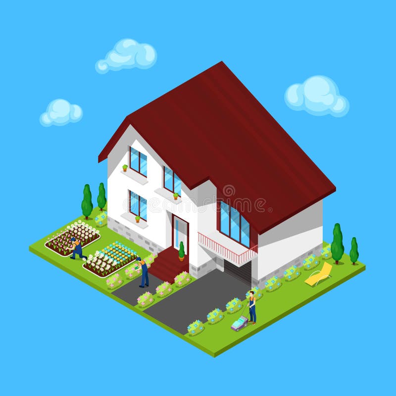 Casa isométrica con la yarda y los jardineros verdes ilustración del vector Casa isométrica con la yarda y los jardineros verdes ilustración del vector