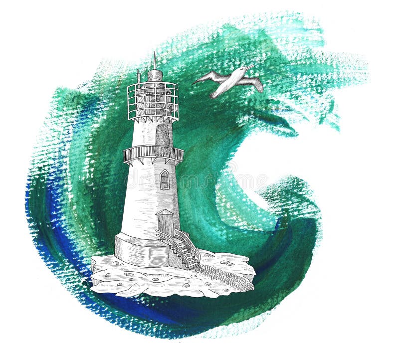 Casa leggera con il gabbiano su fondo verde illustrazione di stock Casa leggera con il gabbiano su fondo verde illustrazione di stock