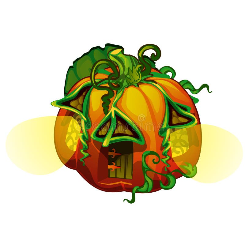 Casa leggiadramente nella forma di zucca matura con le finestre d'ardore isolate su fondo bianco Fumetto del primo piano di vetto royalty illustrazione gratis Casa leggiadramente nella forma di zucca matura con le finestre d'ardore isolate su fondo bianco Fumetto del primo piano di vetto royalty illustrazione gratis