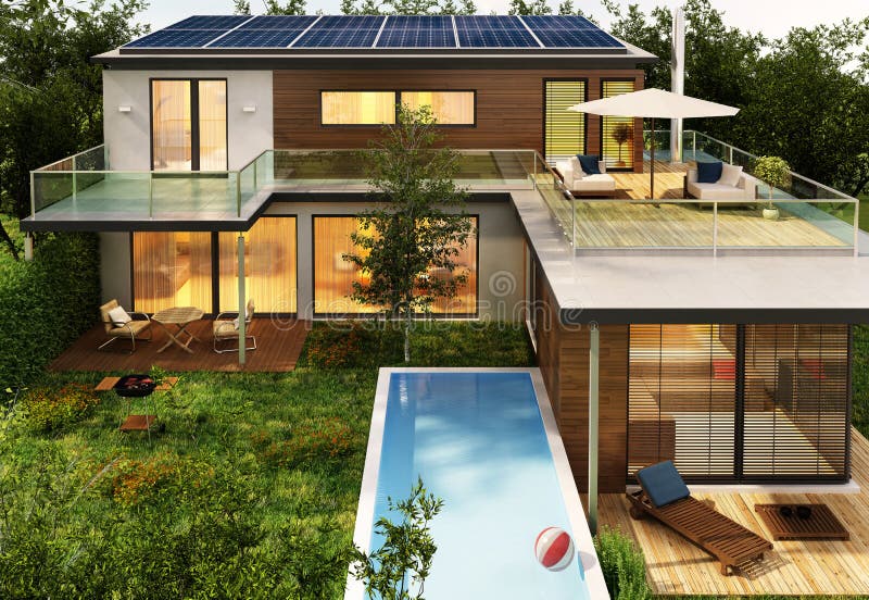 Casa moderna con lo stagno ed i pannelli solari
