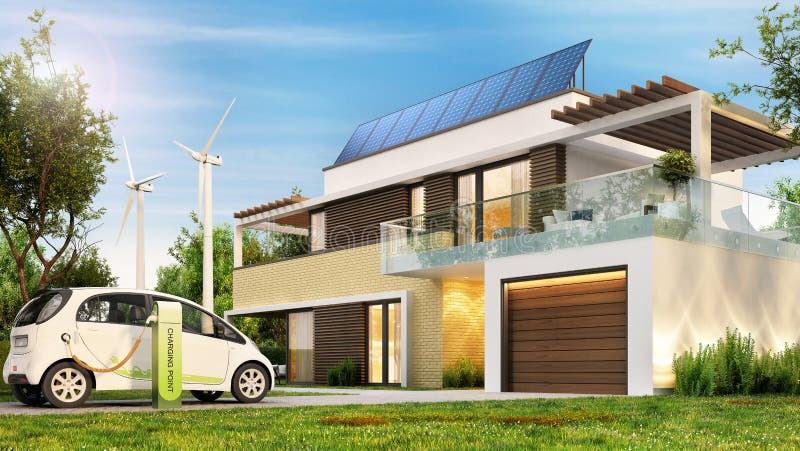 Casa moderna del eco con los paneles solares y turbinas de viento y un coche eléctrico