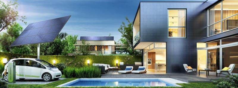 Casa moderna del futuro Los paneles solares y coche eléctrico en la yarda cerca de la piscina