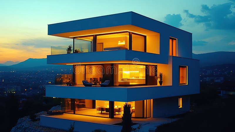 Casa moderna illuminata al crepuscolo che sovrasta la città illustrazione di stock