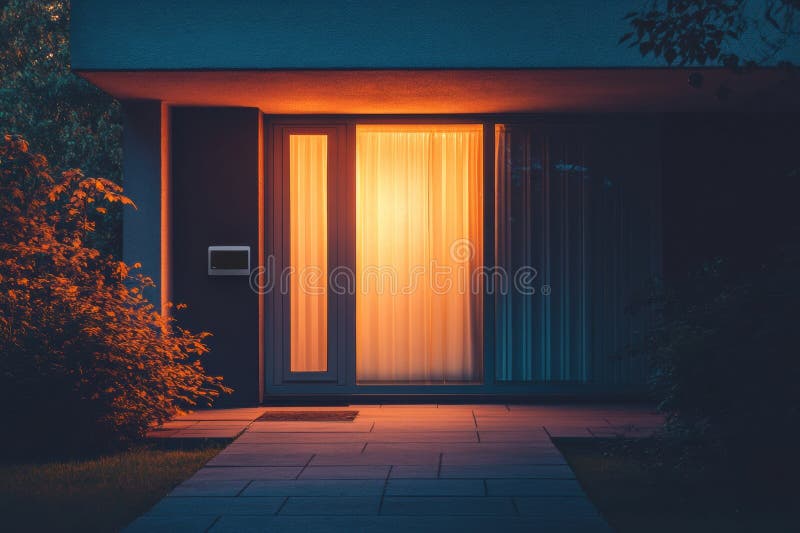Casa modernă strălucește noaptea cu un sistem de alarmă iluminat, care scoate în evidență intrarea sa securizată și invită stock images