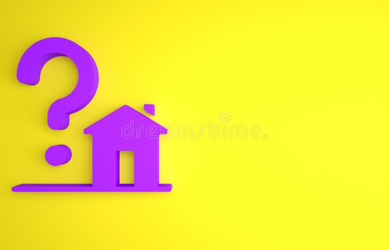 Casa morada con icono de signo de interrogación aislado en fondo amarillo. preguntas sobre problemas de vivienda. concepto de mini libre illustration