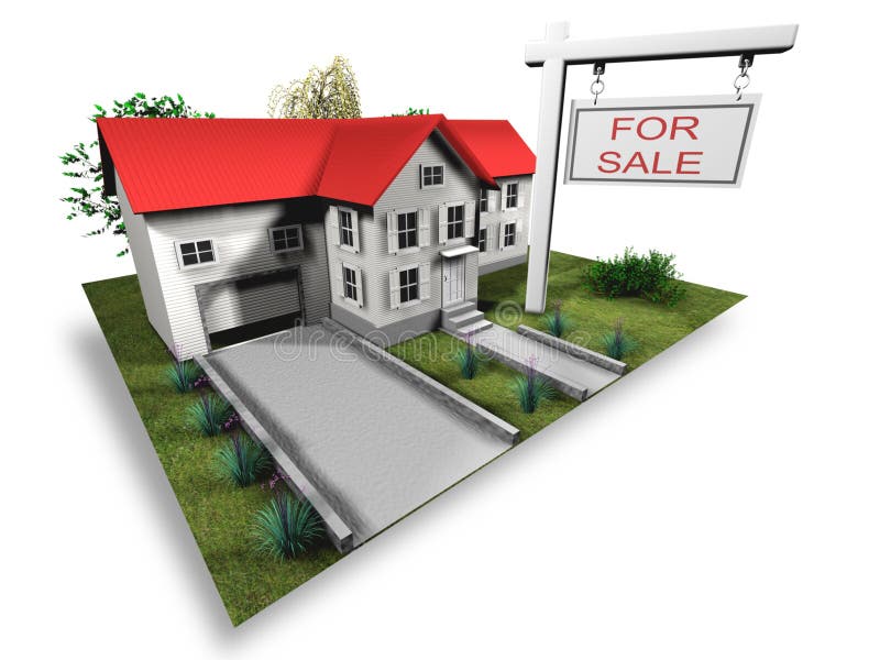 Properties house with for sale board - 3d render. Properties house with for sale board - 3d render
