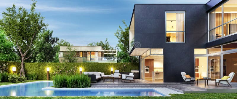 Casa preta moderna com p?tio e associa??o Opini?o da noite Interior e exterior ilustração stock Casa preta moderna com p?tio e associa??o Opini?o da noite Interior e exterior ilustração stock