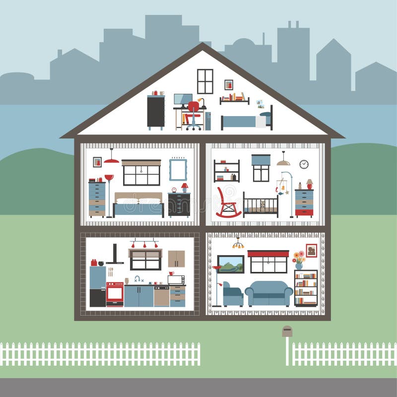 Casa residenziale di Cutaway con mobili a colori royalty illustrazione gratis Casa residenziale di Cutaway con mobili a colori royalty illustrazione gratis