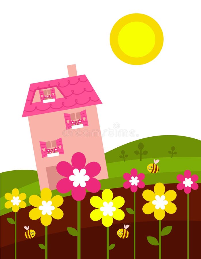 Casa rosada detrás de las flores del resorte ilustración del vector Casa rosada detrás de las flores del resorte ilustración del vector