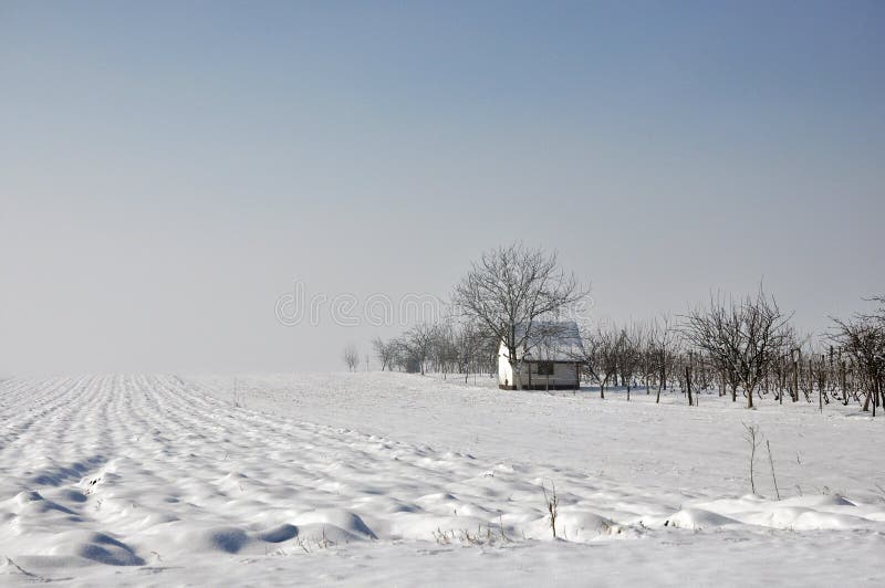 Casa solitaria en el campo de invierno imágenes de archivo libres de regalías