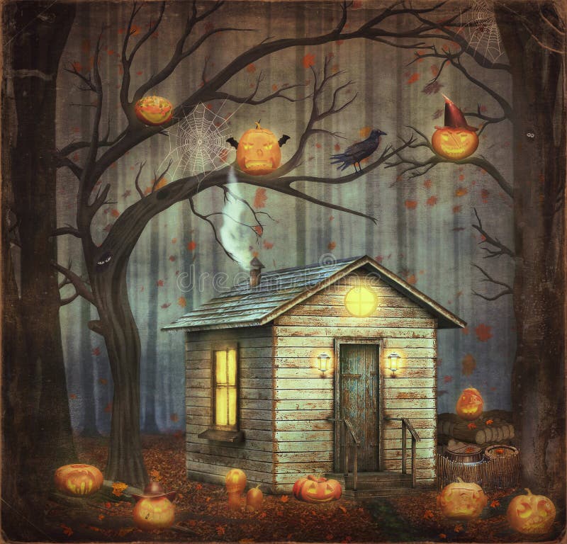 Casa vieja en un bosque del cuento de hadas entre los árboles, calabazas de Halloween stock de ilustración Casa vieja en un bosque del cuento de hadas entre los árboles, calabazas de Halloween stock de ilustración