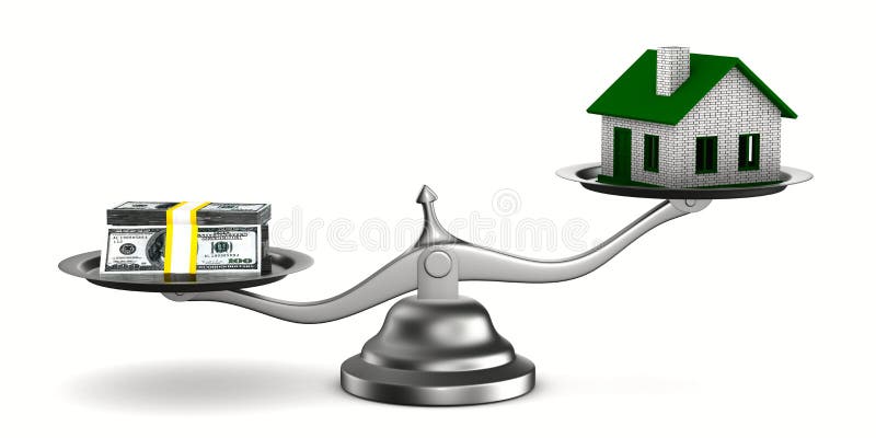 Casa y dinero en escalas stock de ilustración Casa y dinero en escalas stock de ilustración