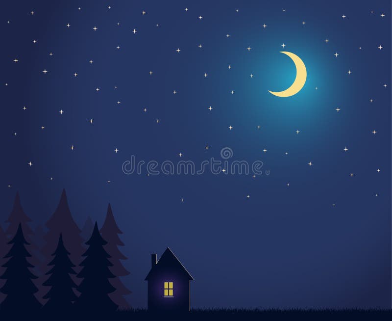 Casa y árbol y cielo nocturno con las estrellas y la luna