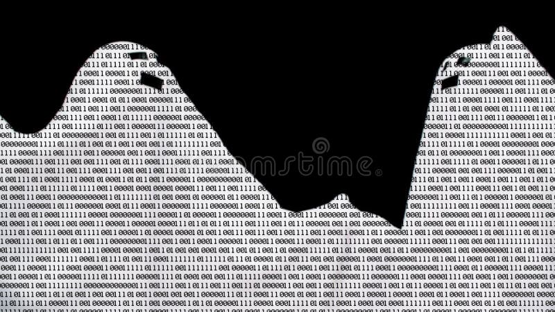 Casal de elenco na silhueta de código binário digital sobre fundo preto. fantasma do código de programação em tela preta. informaç