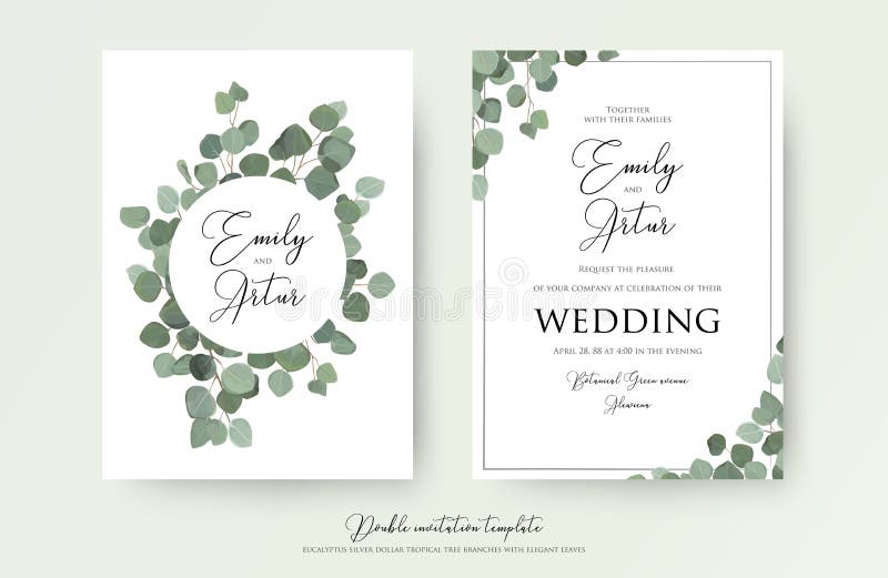 Wedding floral watercolor style double invite, invitation, save the date card design with cute Eucalyptus tree branches with greenery leaves decoration. Vector natural elegant, rustic luxury template. Wedding floral watercolor style double invite, invitation, save the date card design with cute Eucalyptus tree branches with greenery leaves decoration. Vector natural elegant, rustic luxury template