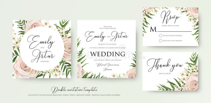 Casandose el doble floral del estilo de la acuarela invite, rsvp, gracias c stock de ilustración Casandose el doble floral del estilo de la acuarela invite, rsvp, gracias c stock de ilustración