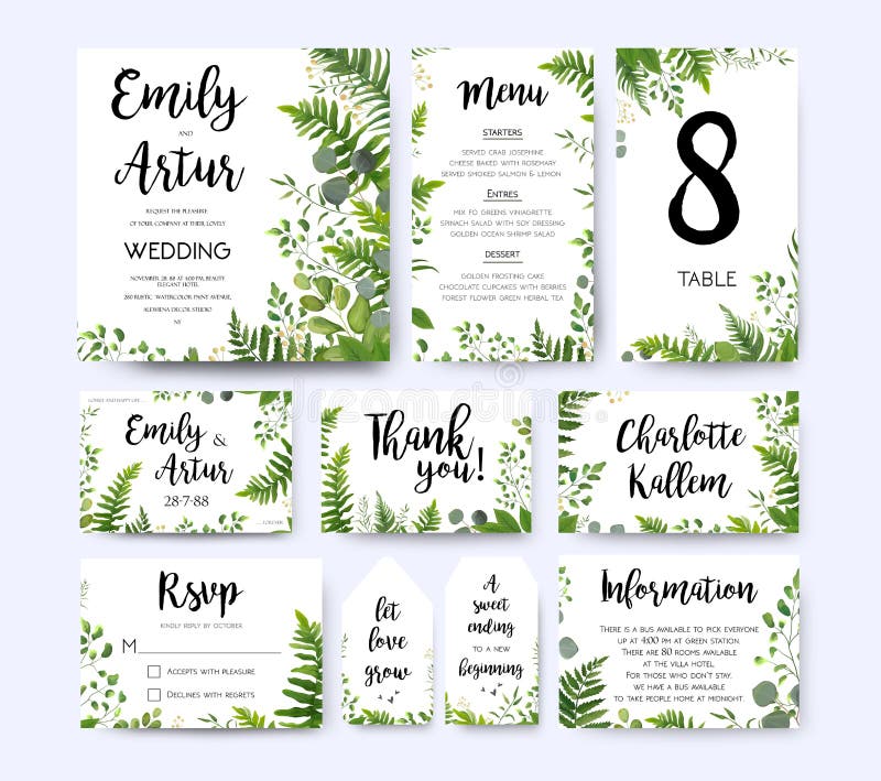 Wedding invite, invitation menu rsvp thank you card vector floral greenery design: Forest fern frond, Eucalyptus branch green leaves foliage herbs greenery berry frame border. Watercolor template set. Wedding invite, invitation menu rsvp thank you card vector floral greenery design: Forest fern frond, Eucalyptus branch green leaves foliage herbs greenery berry frame border. Watercolor template set