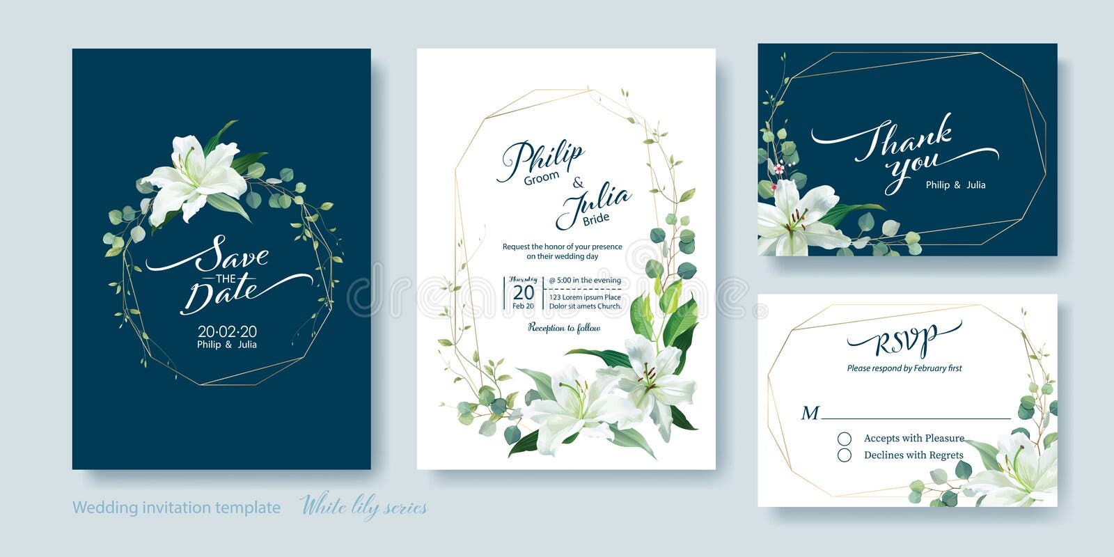 Casandose la tarjeta de la invitaci?n, ahorre la fecha, gracias, plantilla del rsvp Vector Flor del lirio blanco, planta del d?la Casandose la tarjeta de la invitaci?n, ahorre la fecha, gracias, plantilla del rsvp Vector Flor del lirio blanco, planta del d?la