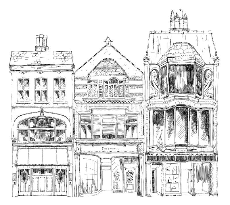 Casas de ciudad inglesas viejas con las pequeñas tiendas o negocio en la planta Calle en enlace, Londres Colección del bosquejo ilustración del vector Casas de ciudad inglesas viejas con las pequeñas tiendas o negocio en la planta Calle en enlace, Londres Colección del bosquejo ilustración del vector