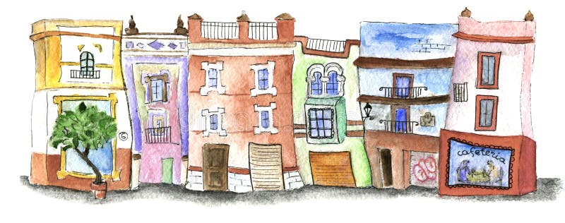 Casas de la acuarela en el centro de Sevilla stock de ilustración Casas de la acuarela en el centro de Sevilla stock de ilustración