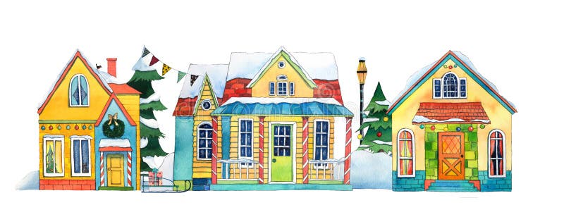 Casas de la ciudad del pueblo de la calle del invierno de la acuarela Ejemplo dibujado mano de la acuarela stock de ilustración Casas de la ciudad del pueblo de la calle del invierno de la acuarela Ejemplo dibujado mano de la acuarela stock de ilustración
