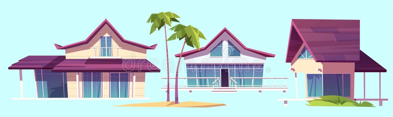  Casas De Verano Bungalows En Playa De Mar Ilustración del Vector