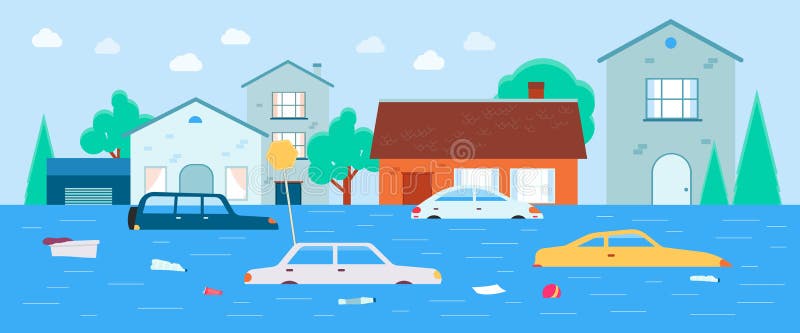  Casas E Inundaciones De Transporte Bajo El Fondo De Vectores Planos Del Agua Ilustración del Vector