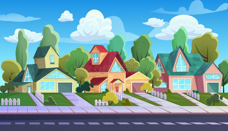 Casas en la calle de la ciudad suburbana caricatura cabañas familiares