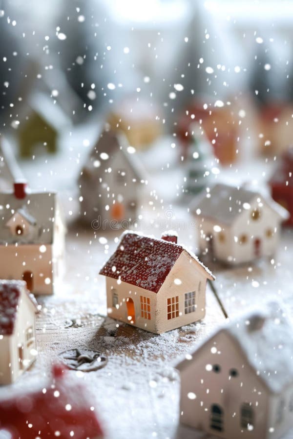 Casas navideñas en miniatura y árboles con el concepto de saludo de Año Nuevo con nieve ilustración del vector