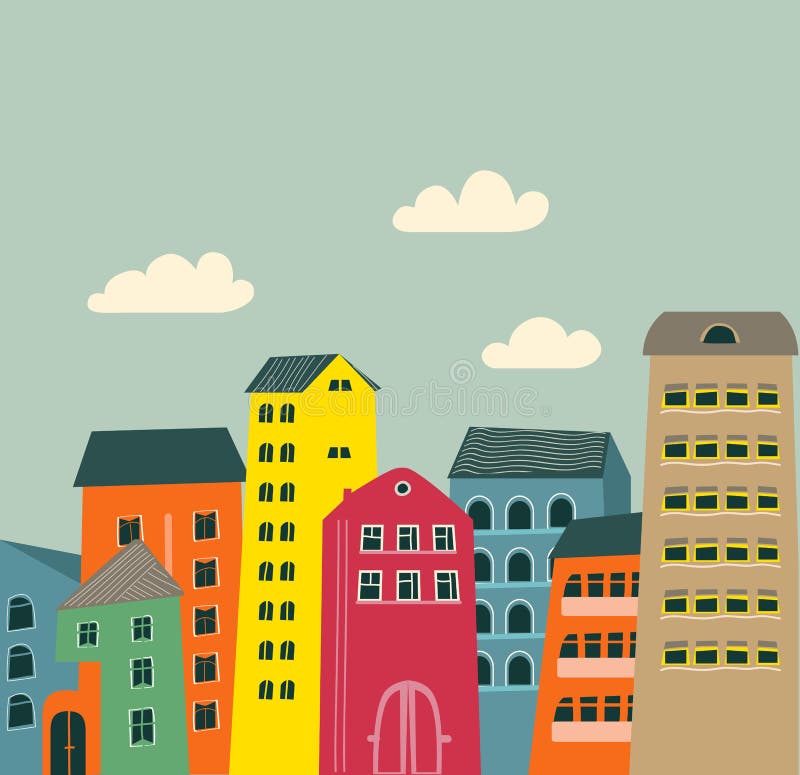 Casas y nubes retras ilustración del vector