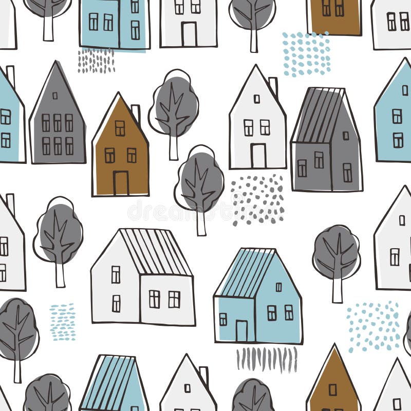 Casas y árboles bonitos dibujados a mano Patrón vectorial